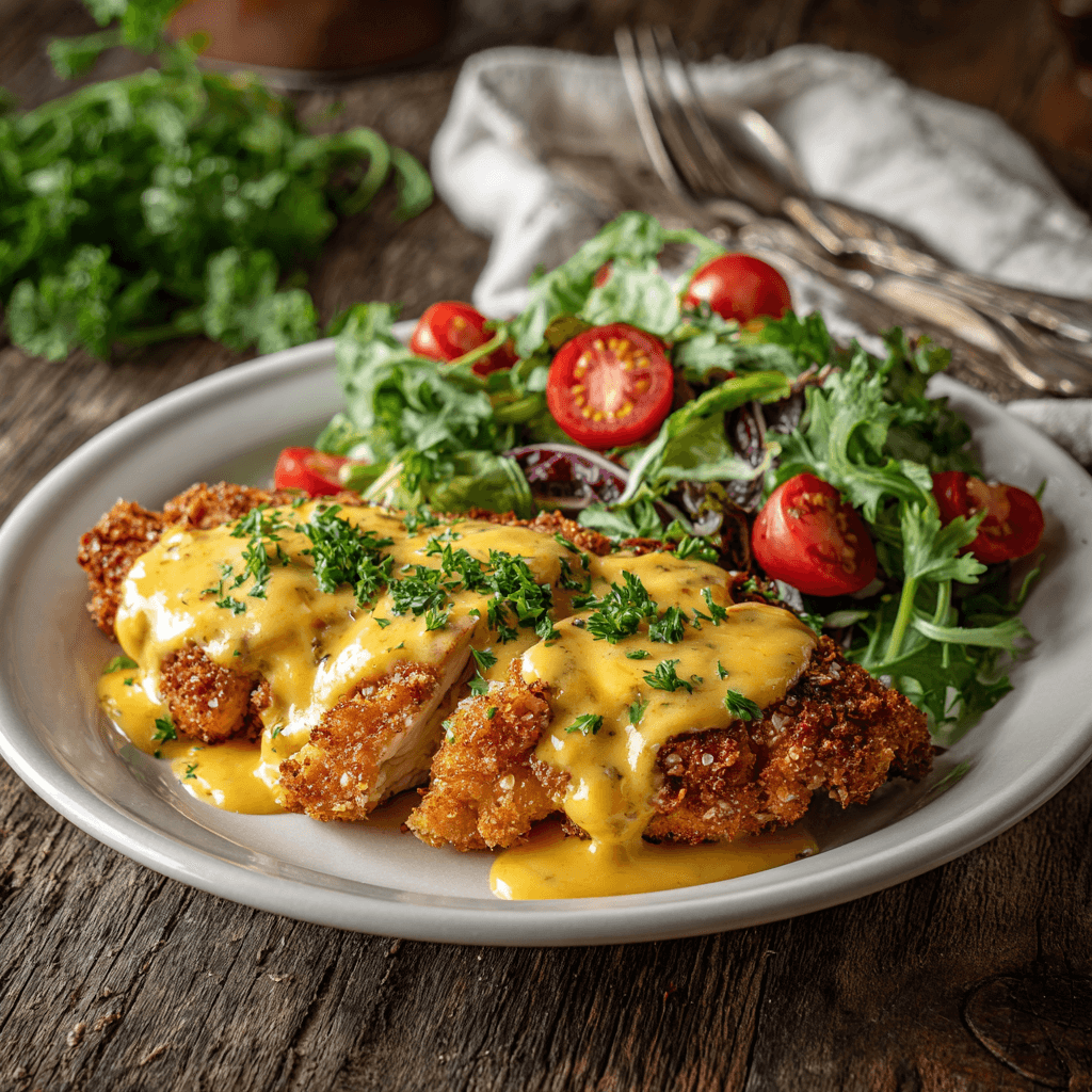 Pretzel Chicken with Mustard-Cheddar Sauce: A Tasty Delight 3 Crispy Pretzel Chicken with Zesty Mustard Cheddar Sauce served on a white plate, golden-crusted chicken breast topped with creamy mustard cheddar sauce, garnished with fresh parsley.