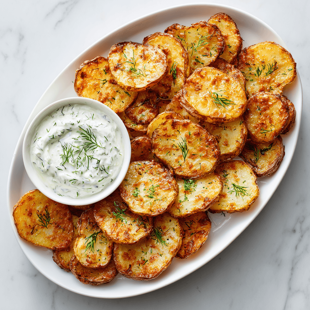 Golden crispy air fryer sliced potatoes served on a white platter with creamy dill dip.