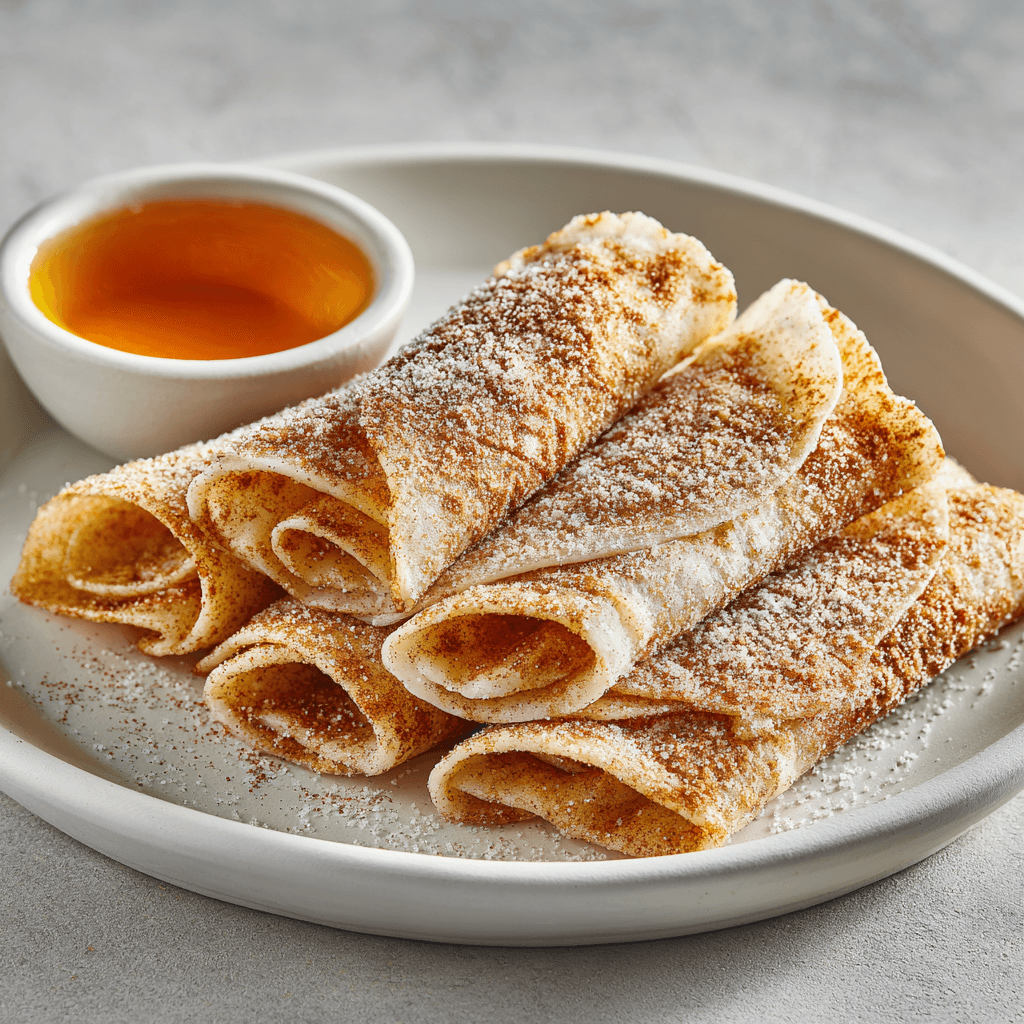 Close-up of air fryer cinnamon sugar tortillas on a white plate beside honey dip — bright daylight, clean minimalist dessert presentation with crisp golden texture.