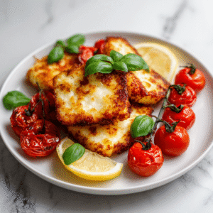 Crispy golden air fryer halloumi with roasted cherry tomatoes, basil, and lemon wedges on a plate.
