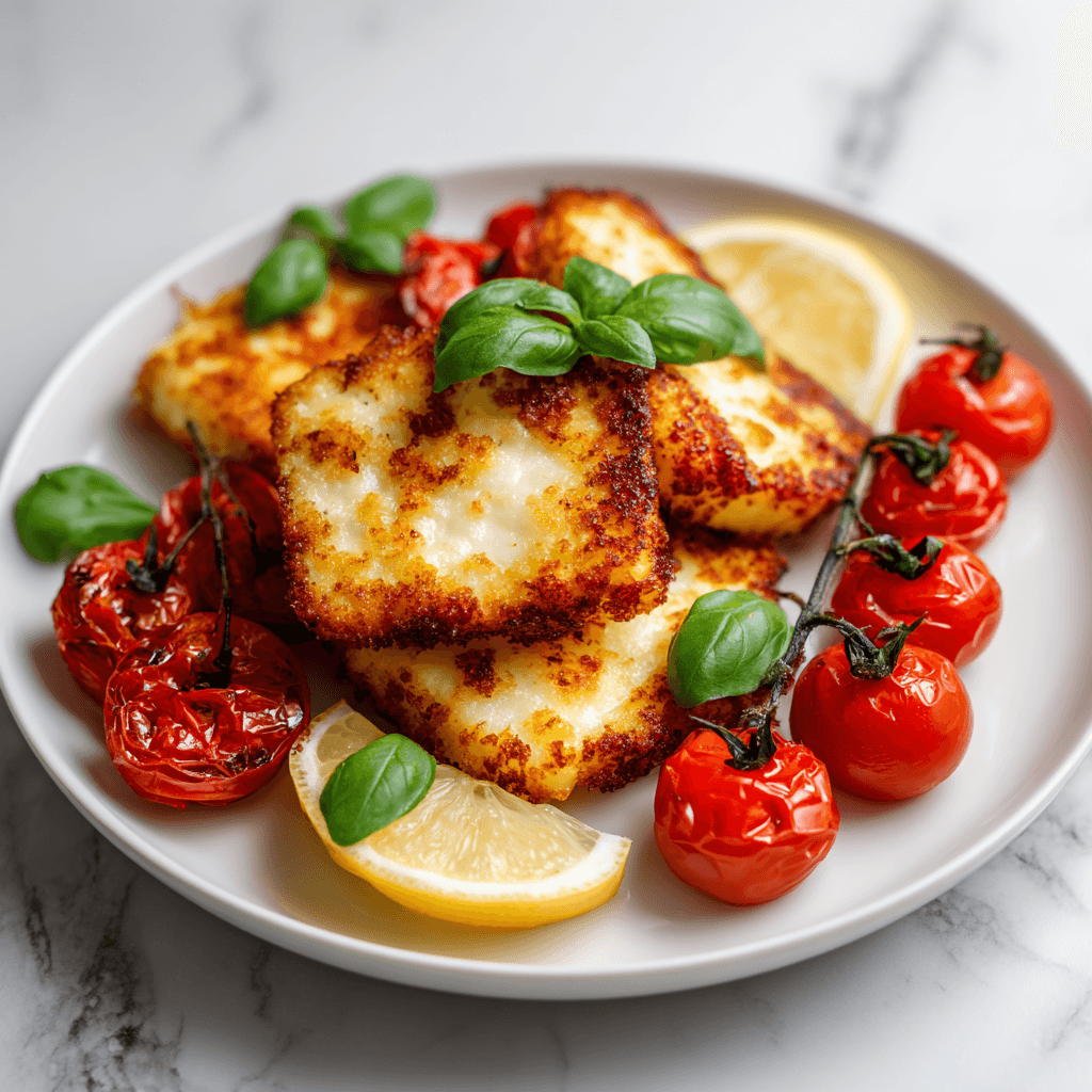 Crispy golden air fryer halloumi with roasted cherry tomatoes, basil, and lemon wedges on a plate.