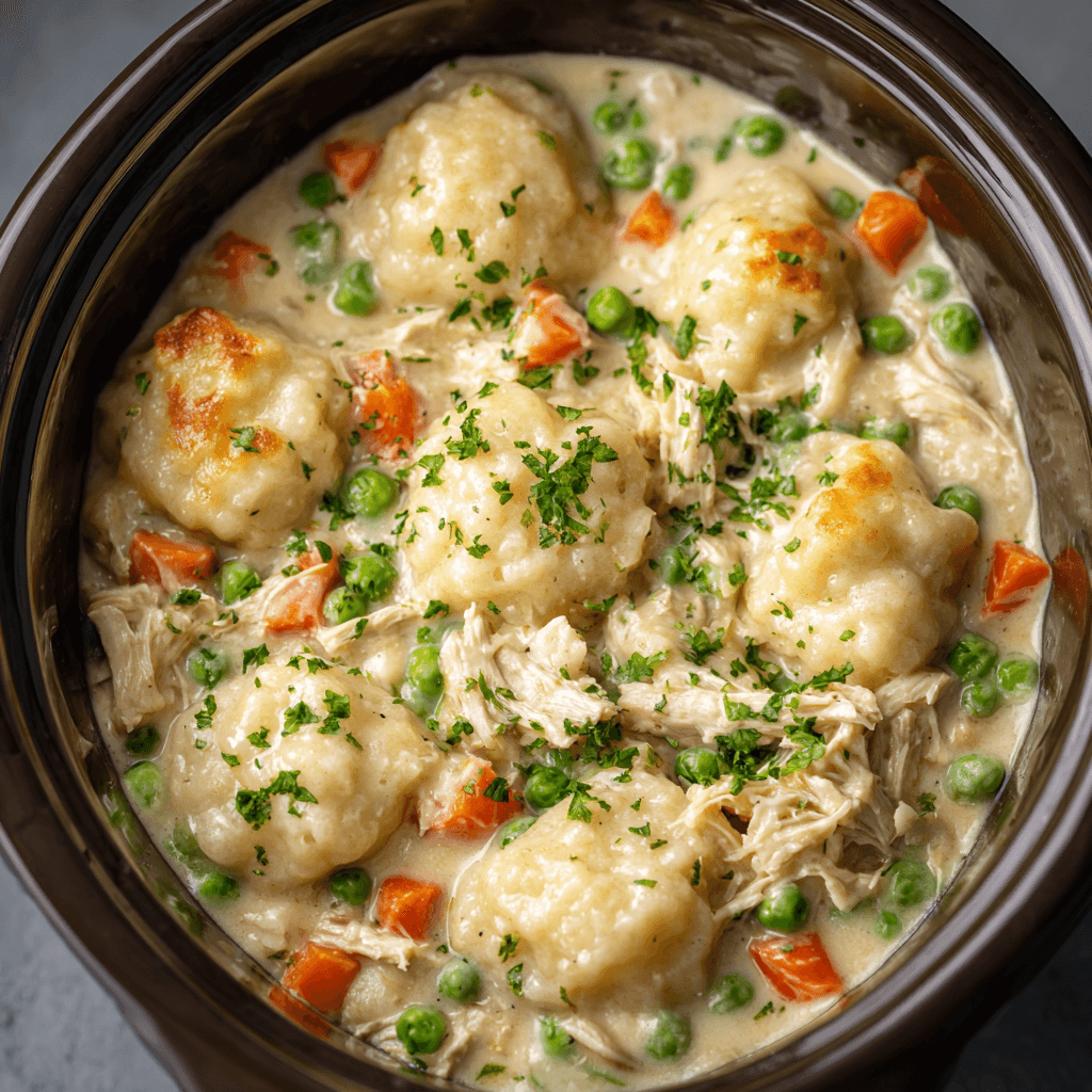 Creamy crockpot chicken and dumplings with peas, carrots, and parsley in a slow cooker.