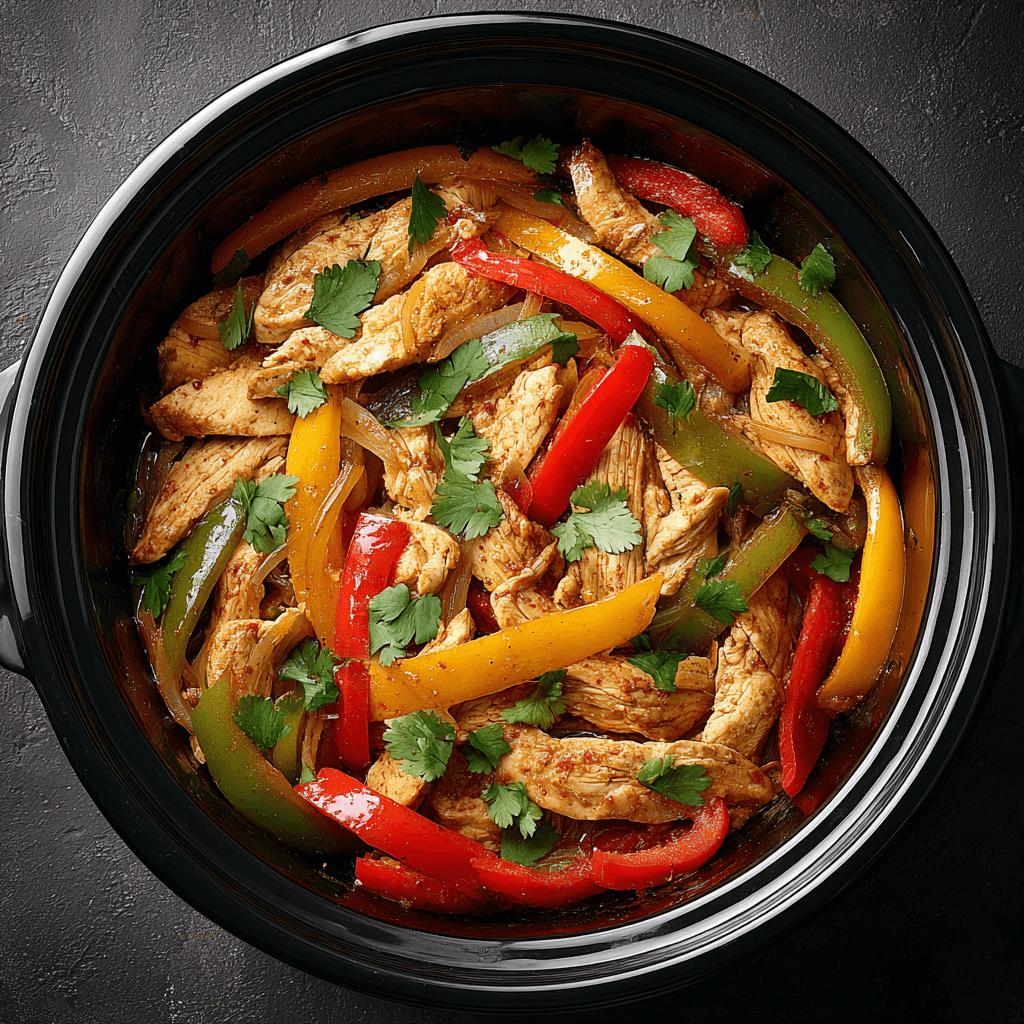 Crockpot chicken fajitas with red, yellow, and green bell peppers topped with cilantro.