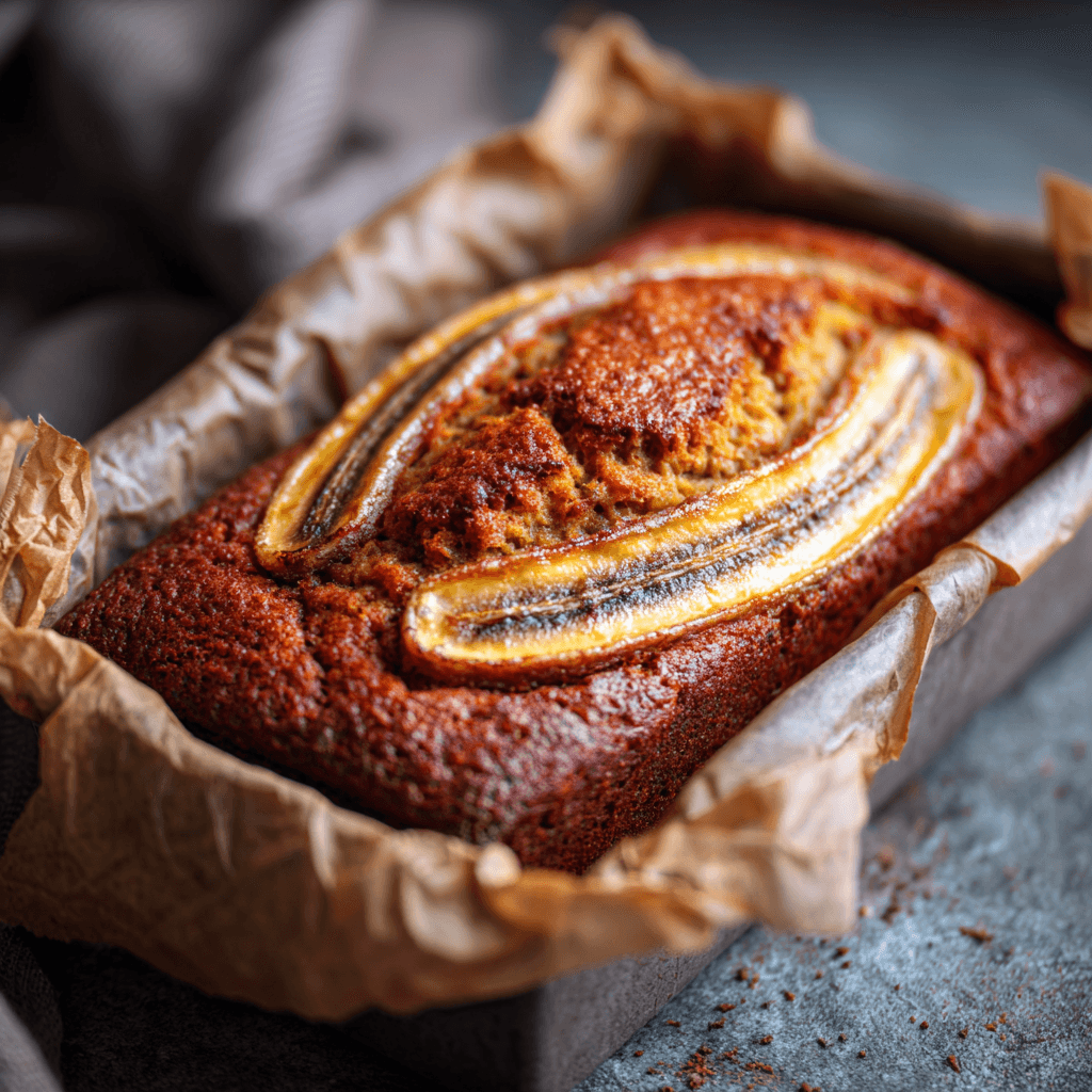 Freshly baked eggless banana bread loaf with caramelized banana halves on top in a parchment-lined pan — warm natural light and soft rustic background.