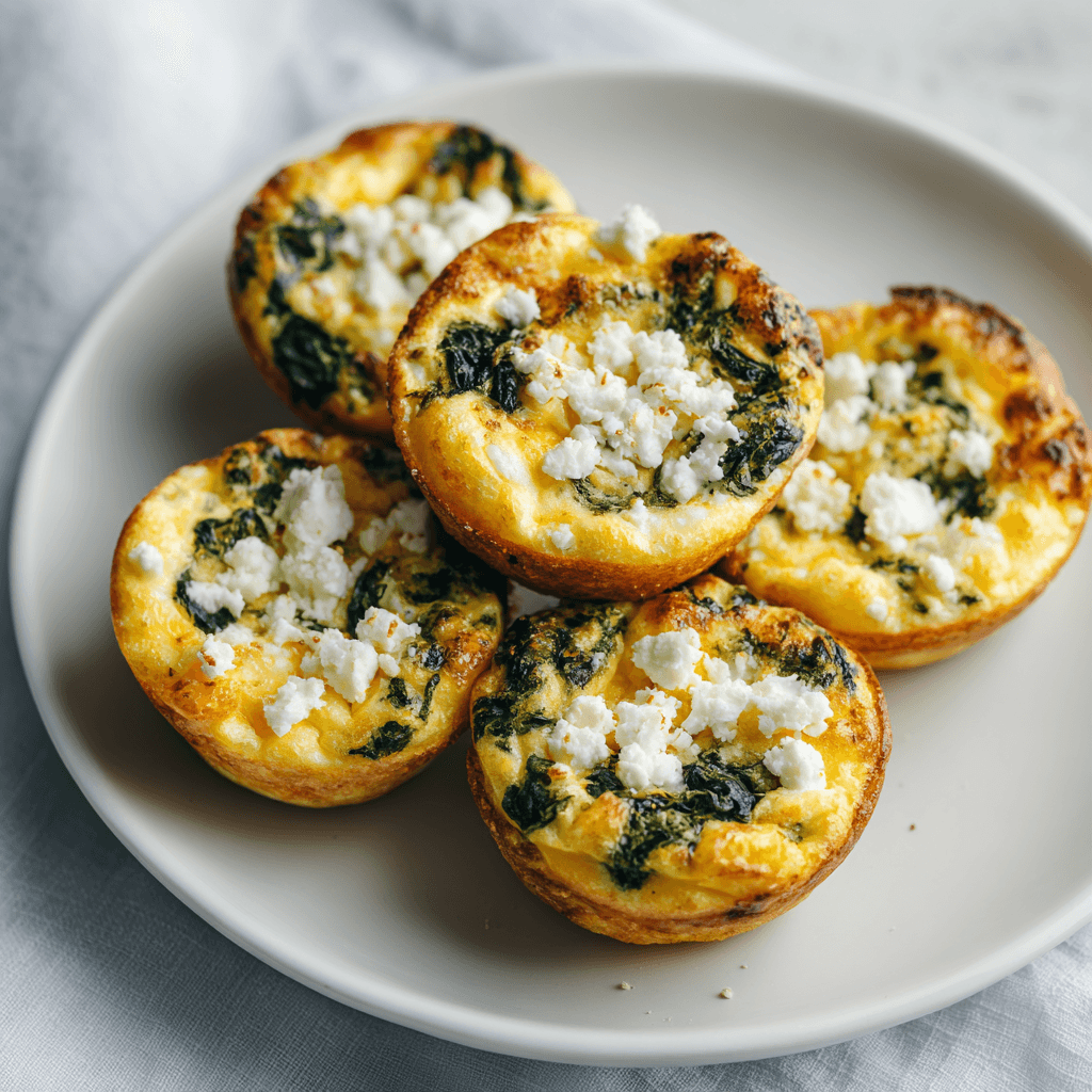 Fluffy spinach feta egg muffins on a white plate topped with crumbled feta cheese.