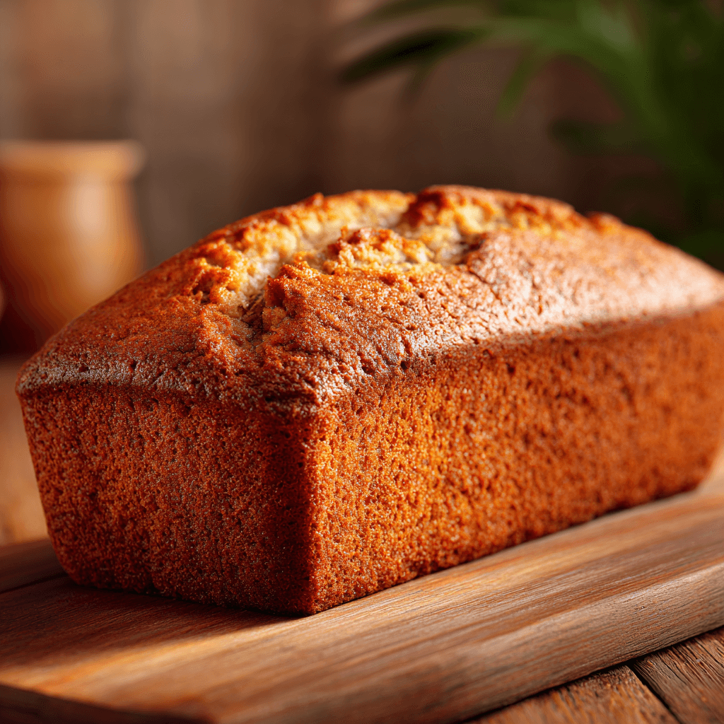 Whole loaf of dairy-free banana bread on a wooden cutting board.