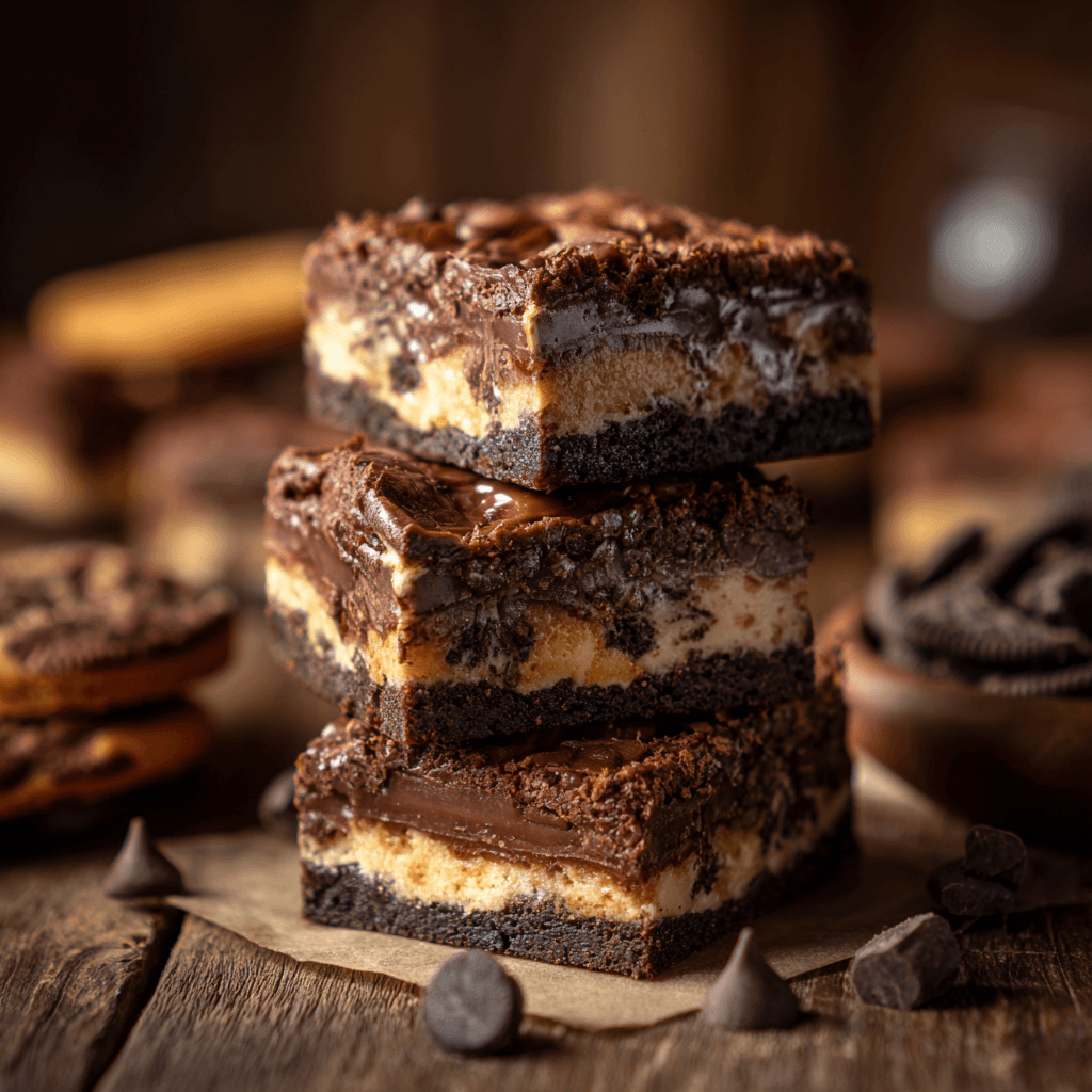 Fudgy layered chocolate dessert bars with cookie dough and brownie on rustic wooden surface.