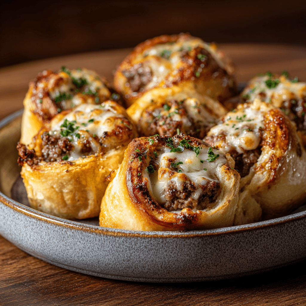 Garlic Butter Cheeseburger Rollups served on a rustic ceramic plate, golden baked rolls filled with juicy seasoned ground beef, melted mozzarella cheese, and brushed with garlic butter, garnished with chopped parsley.