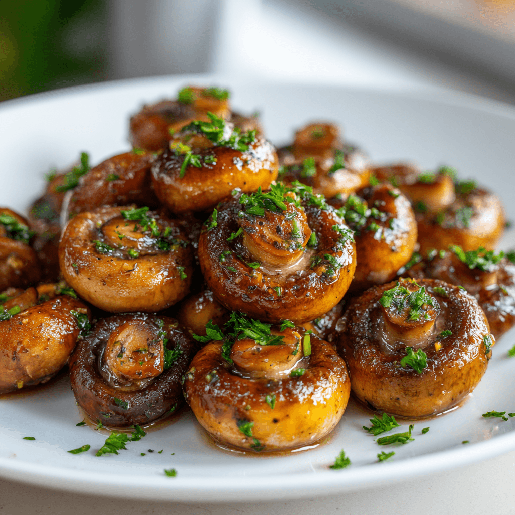 Golden air fryer mushrooms topped with chopped parsley on a white plate.