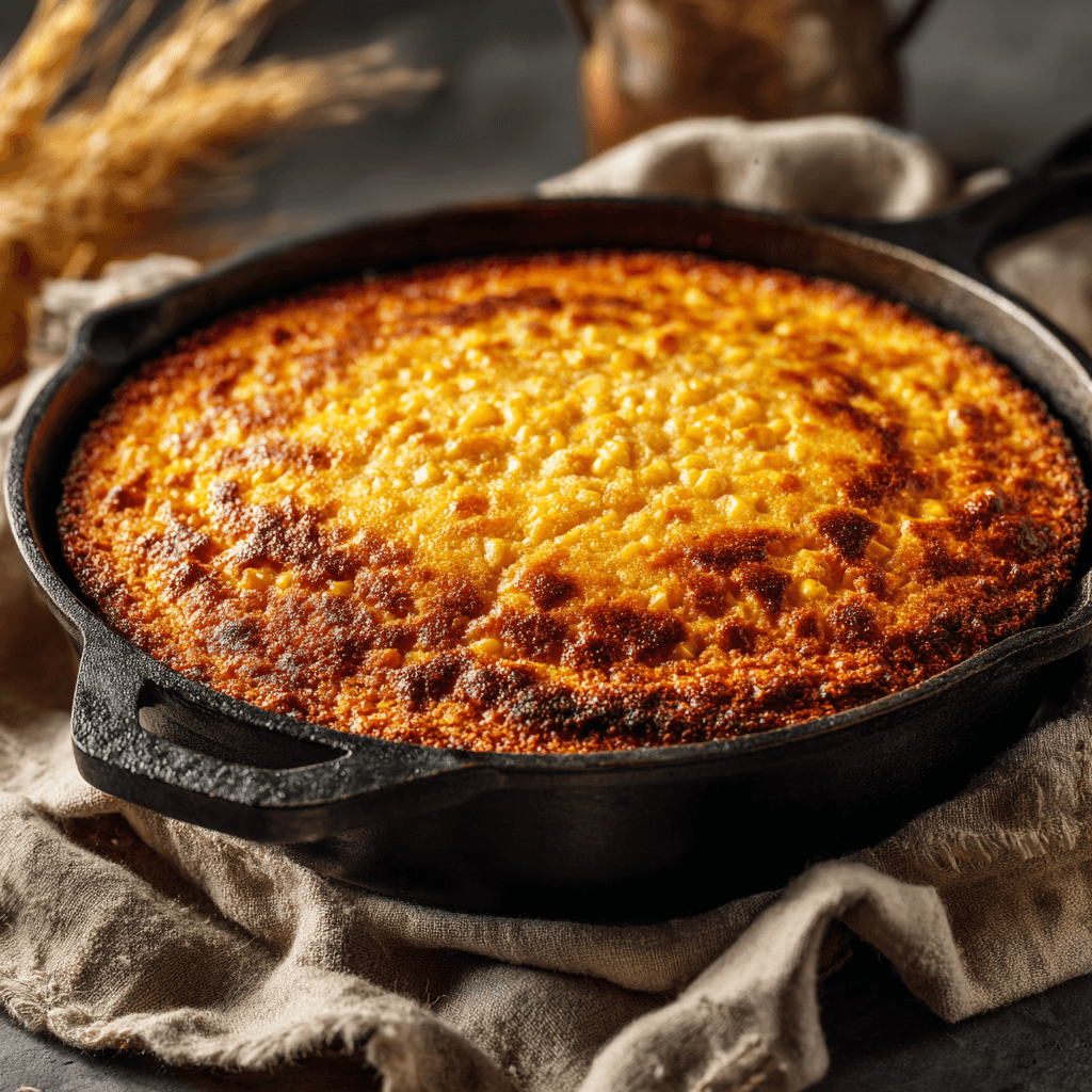 The Ultimate Corn Casserole Recipe 3 Golden-brown corn casserole baked in a cast-iron skillet, creamy corn filling with caramelized top and crispy edges, warm rustic lighting from the side, natural shadows for depth