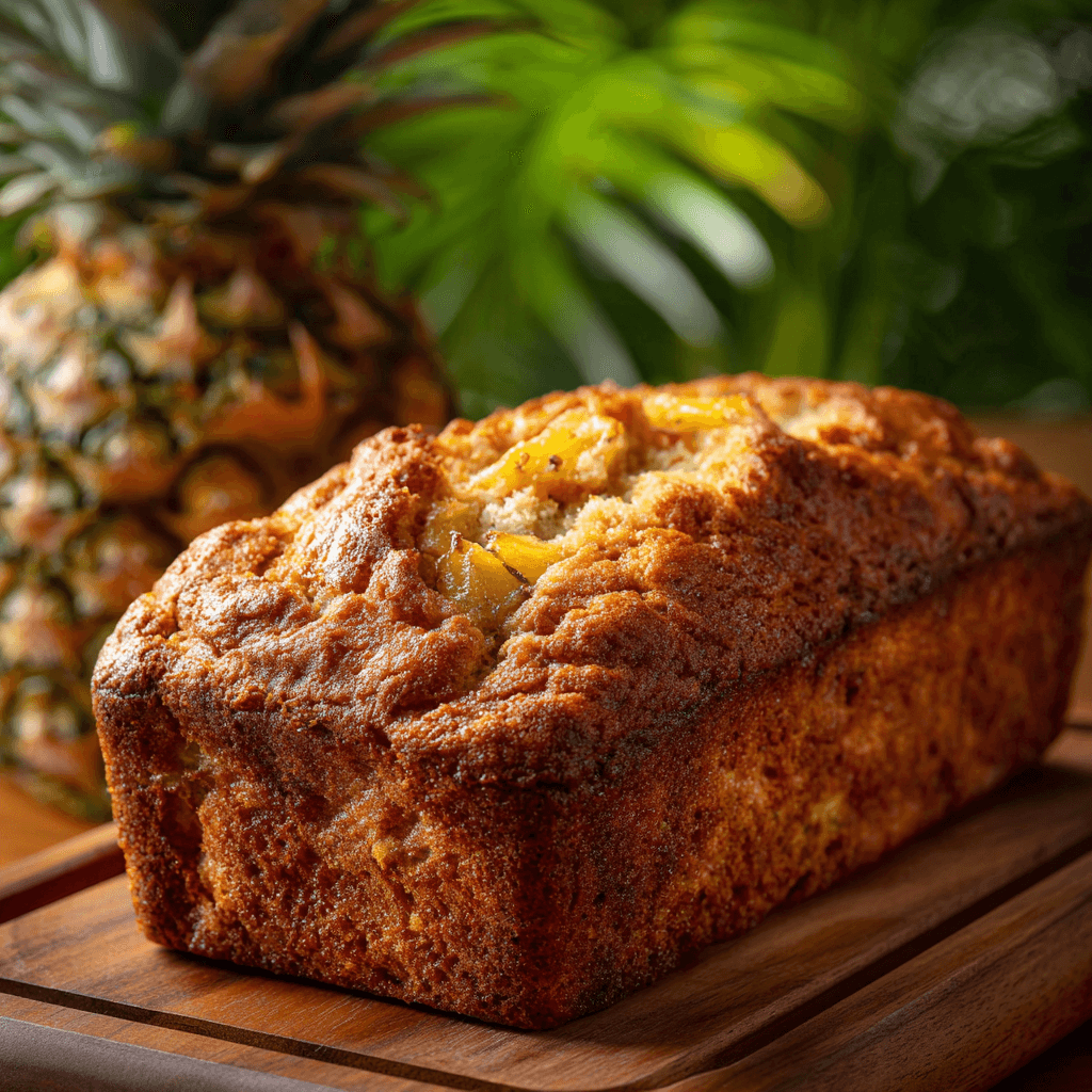 Easy & Delicious Hawaiian Banana Bread with Coconut & Pineapple 3 Golden Hawaiian banana bread loaf with pineapple and banana on a baking pan.