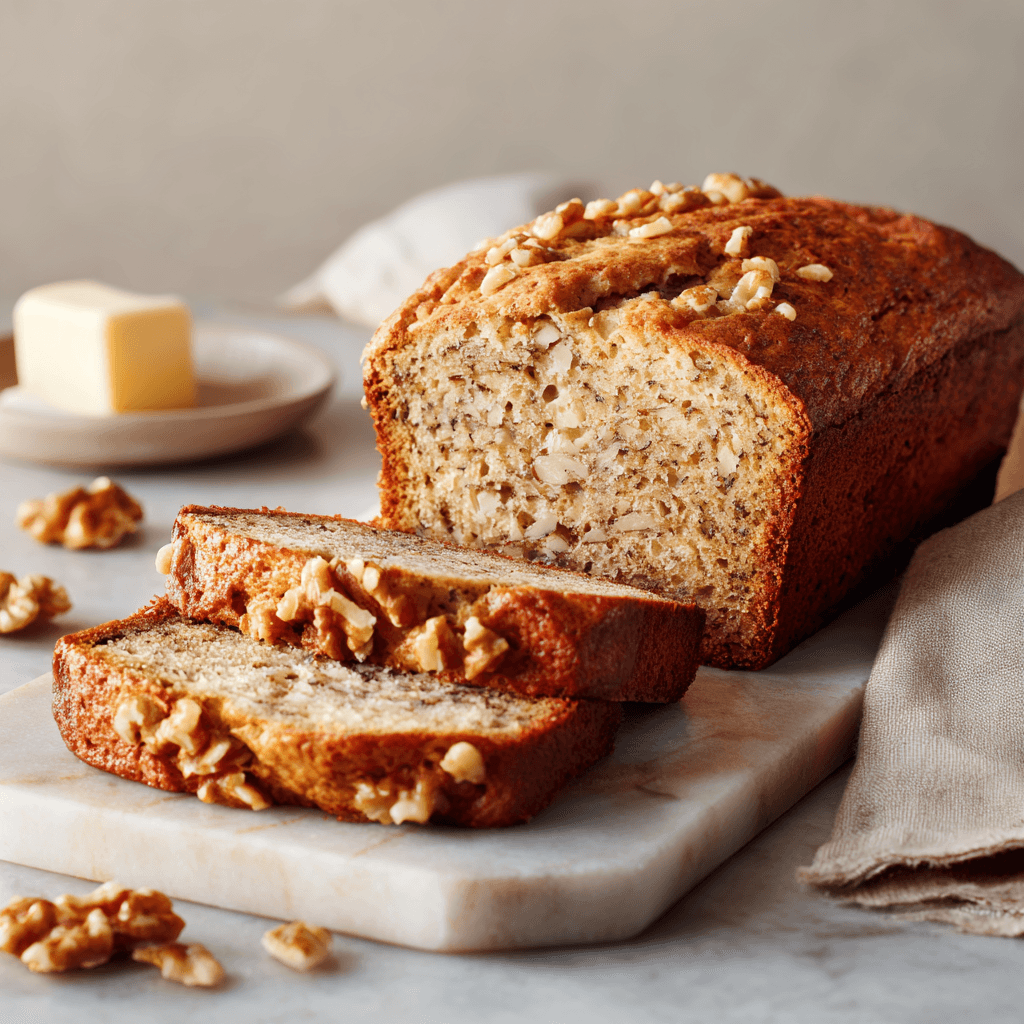 Classic banana bread loaf with walnuts sliced on a marble board beside a linen napkin.