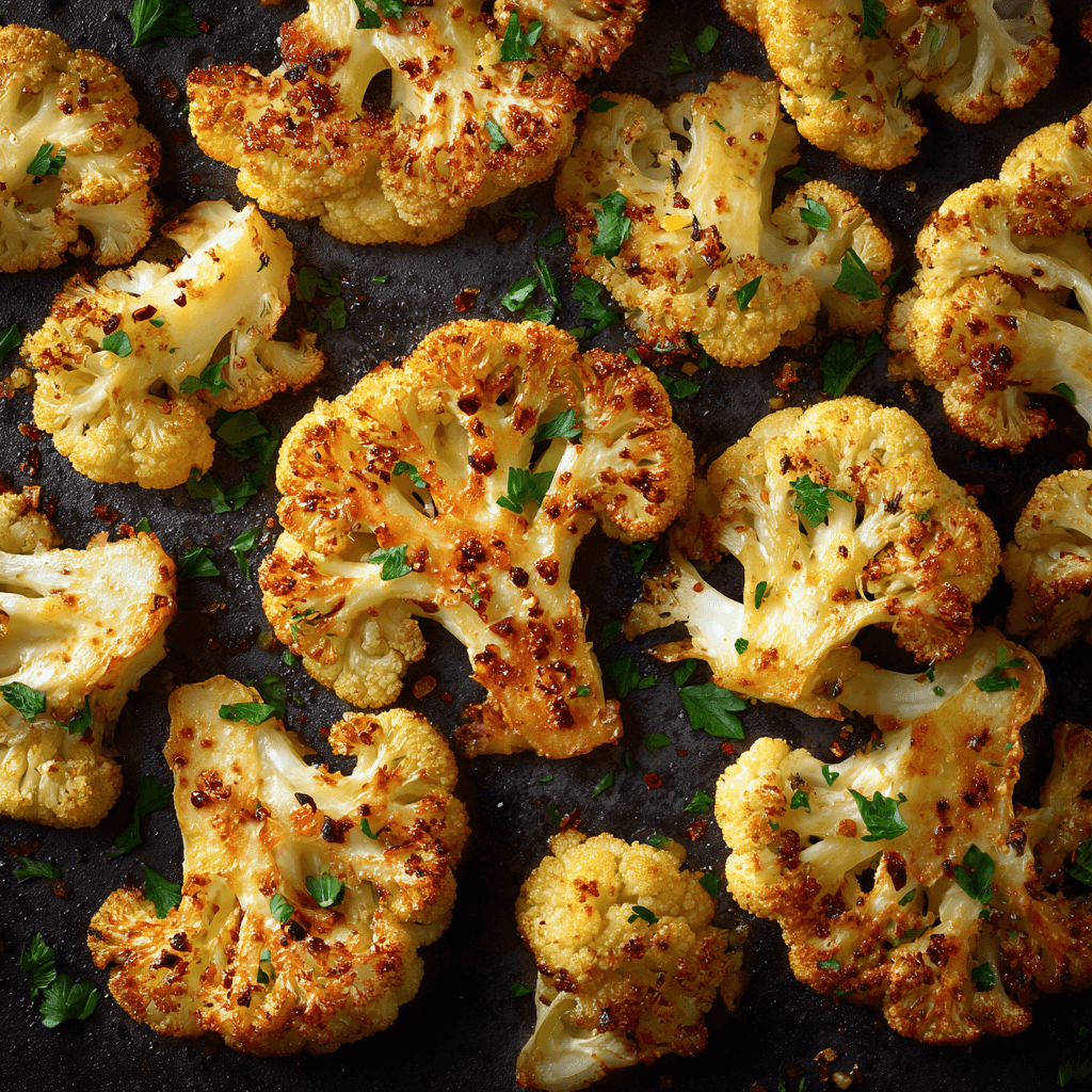 Golden roasted cauliflower florets with crispy edges and parsley on a baking sheet.