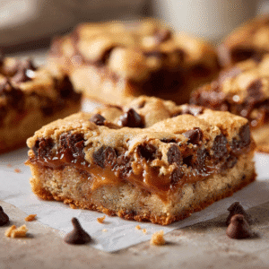 Gooey caramel chocolate chip cookie bars cut into squares with melted caramel and soft texture.
