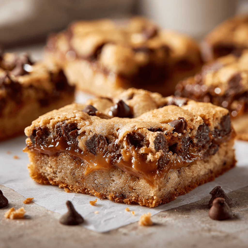 Gooey caramel chocolate chip cookie bars cut into squares with melted caramel and soft texture.