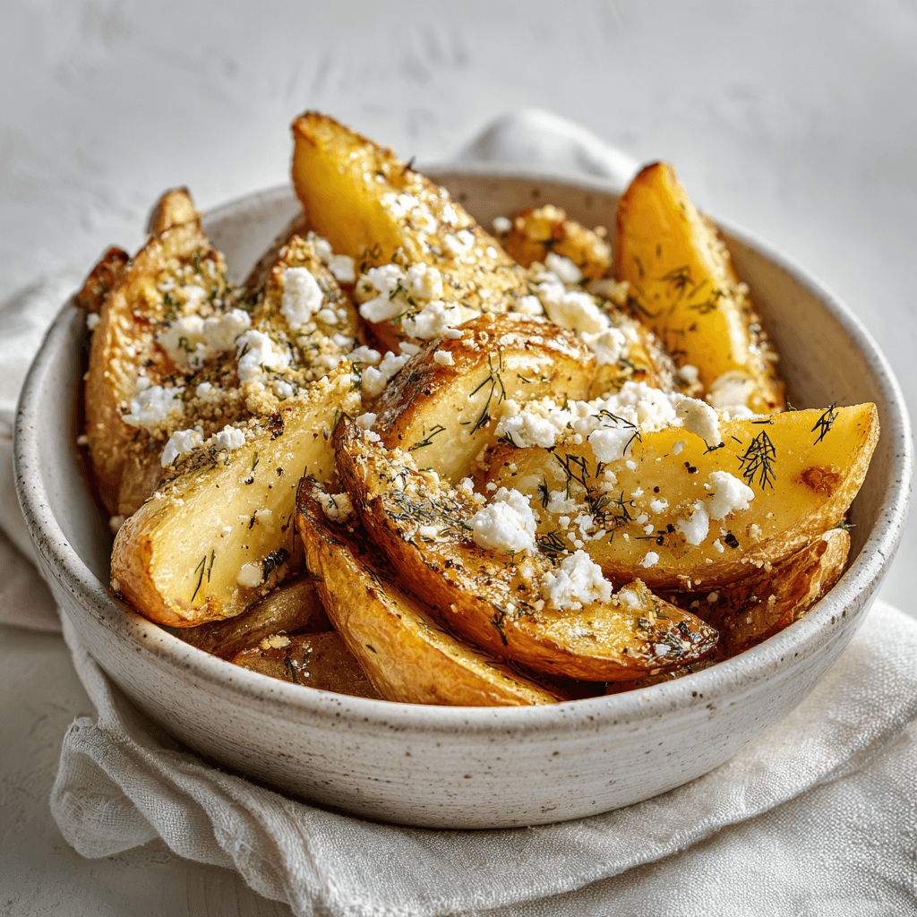 Greek Feta Roast Potatoes served in a rustic ceramic bowl, golden roasted potato wedges tossed with olive oil, oregano, dill, and lemon zest, sprinkled generously with crumbled feta cheese.