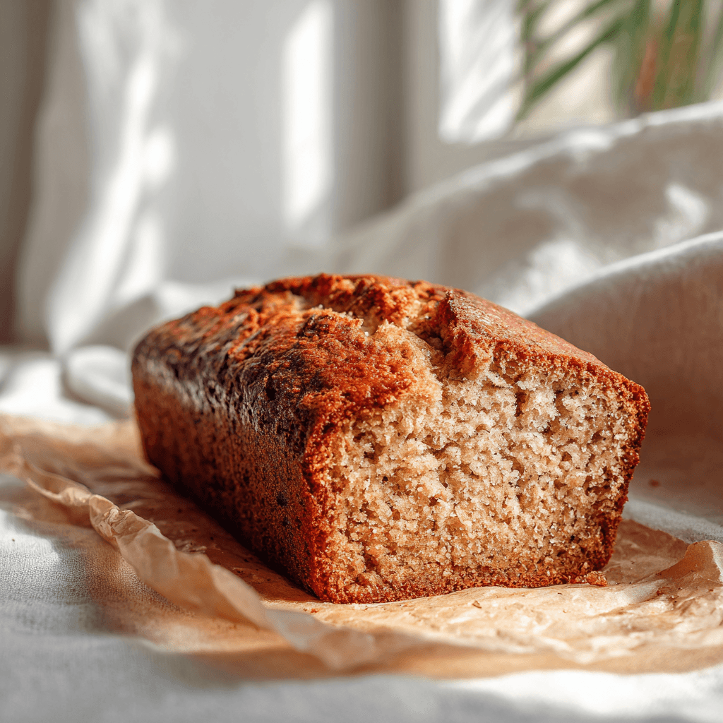 Delicious Sugar-Free Banana Bread: A Wholesome & Gluten-Free Friendly Recipe 3 Sugar-free banana bread loaf sliced on parchment paper with soft moist texture and golden crust.