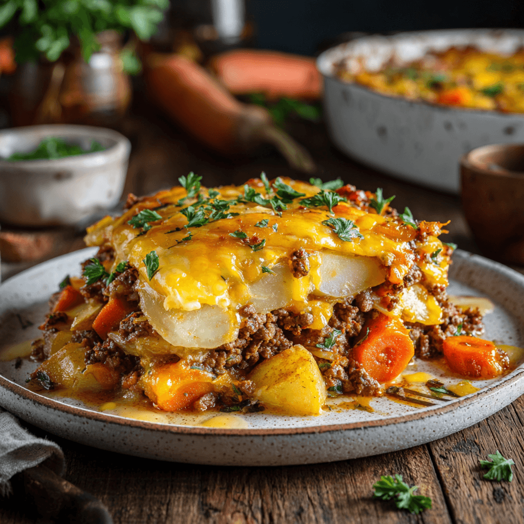 Hearty Hobo Casserole served on a white ceramic plate, layers of ground beef, roasted potatoes, and carrots smothered with melted cheddar and mozzarella cheese, garnished with parsley.