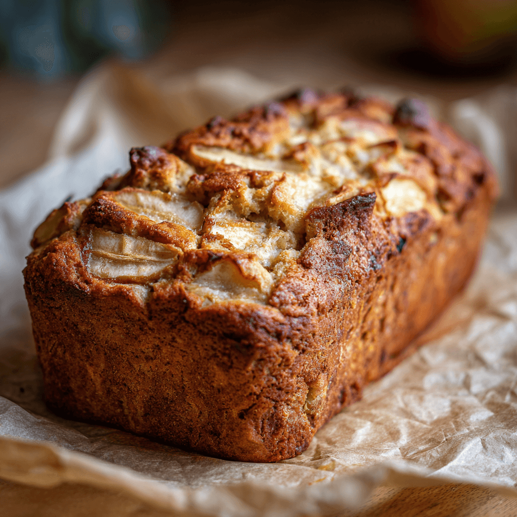Whole banana apple bread loaf on parchment paper with apple chunks inside.