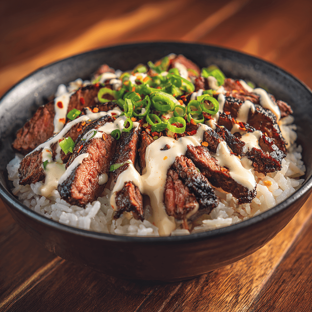 Korean BBQ Steak Rice Bowl with Spicy Cream Sauce, slices of grilled Korean-style steak with charred edges over fluffy jasmine rice, drizzled with creamy spicy sauce and topped with fresh chopped green onions.