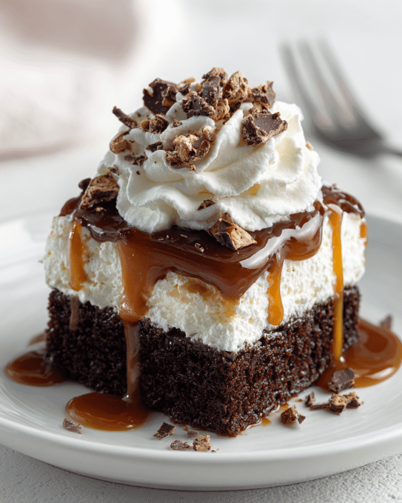 Layered chocolate cake square on a white plate with whipped topping and caramel drizzle.