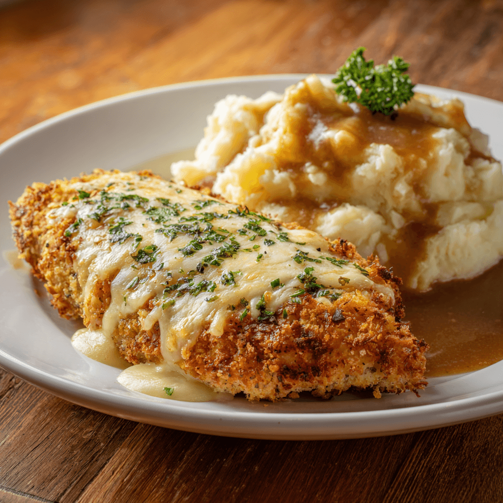 Longhorn Parmesan Crusted Chicken with mashed potatoes and gravy on a white plate, crispy golden parmesan-crusted chicken breast with melted cheese and herb garnish, fluffy mashed potatoes topped with buttery brown gravy.