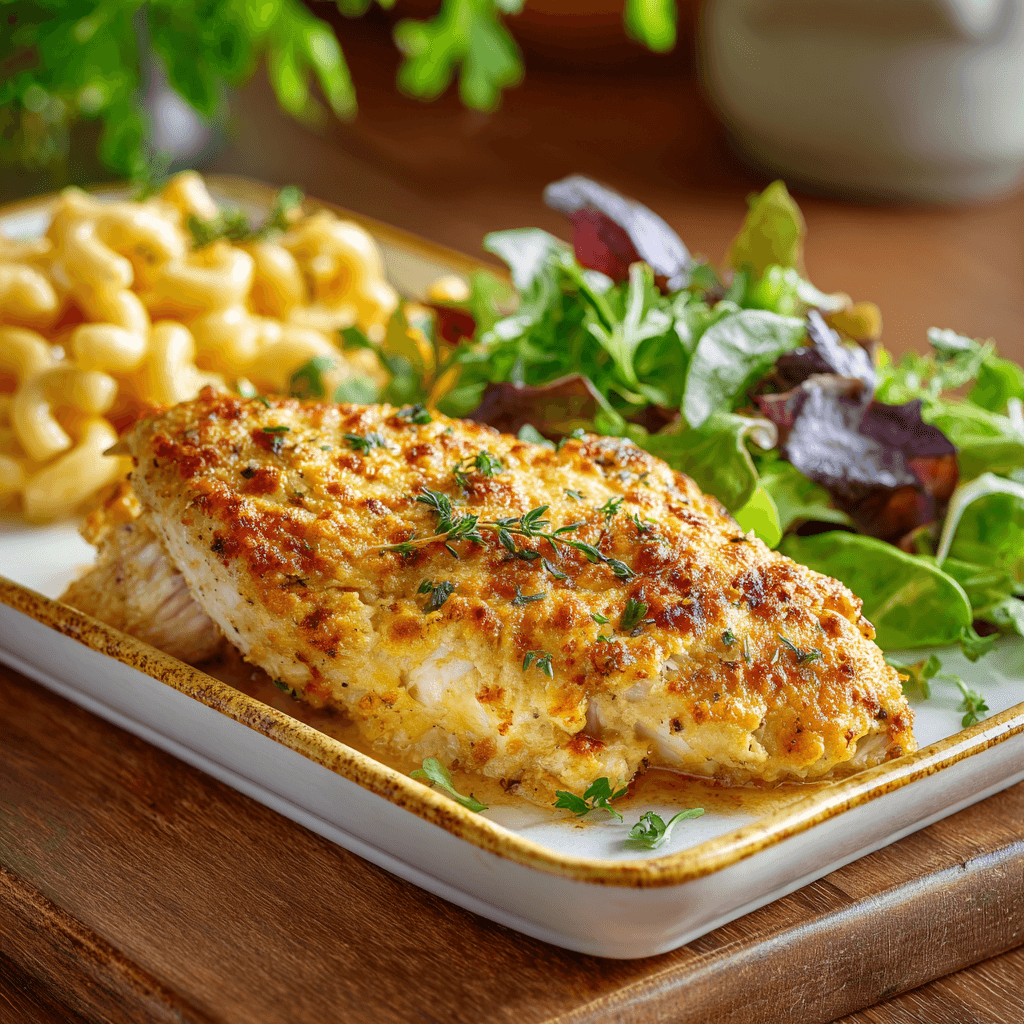 Melt In Your Mouth Chicken Breast served on a rectangular white and gold-rimmed plate, tender baked chicken breasts topped with a golden cheesy crust made from mayonnaise, parmesan, and seasonings.