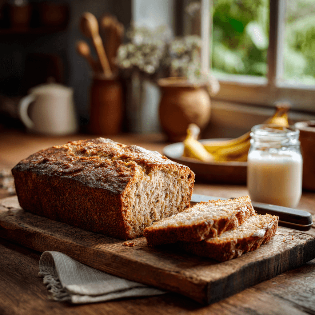 Moist banana bread loaf with buttermilk sliced on a wooden cutting board.