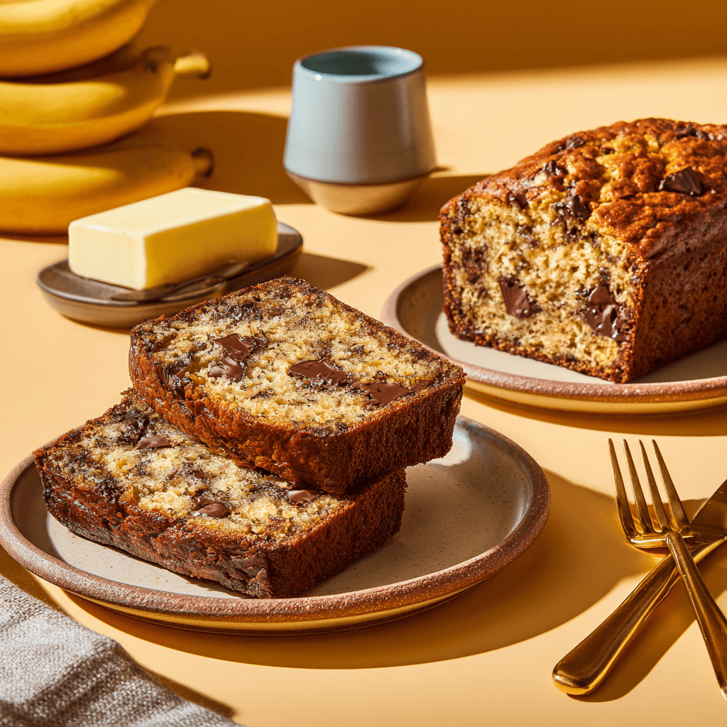 Sliced chocolate chip banana bread on ceramic plates with butter and golden background.