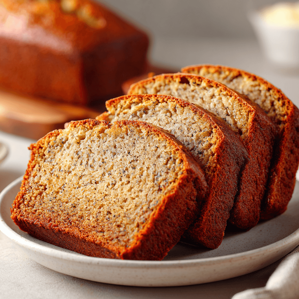 Sliced banana bread with buttermilk served on a white plate showing soft, moist texture.