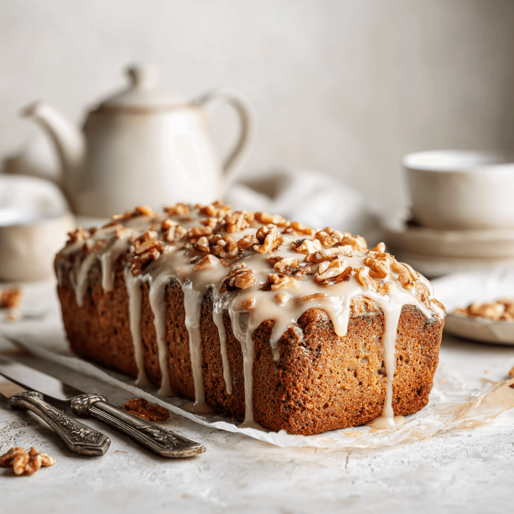 The Best Keto Banana Bread Recipe (Low-Carb & Delicious!) 3 Keto banana bread loaf with walnuts and vanilla glaze on parchment paper with silver knive
