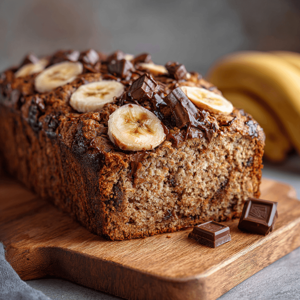 Oat flour banana bread with banana slices and chocolate chunks on a wooden board.