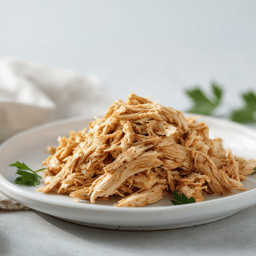Moist shredded chicken served on a white plate for meal prep or recipes.
