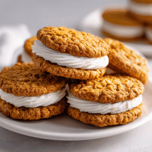 Oatmeal cream pies on a white plate with creamy vanilla filling and soft cookie texture.