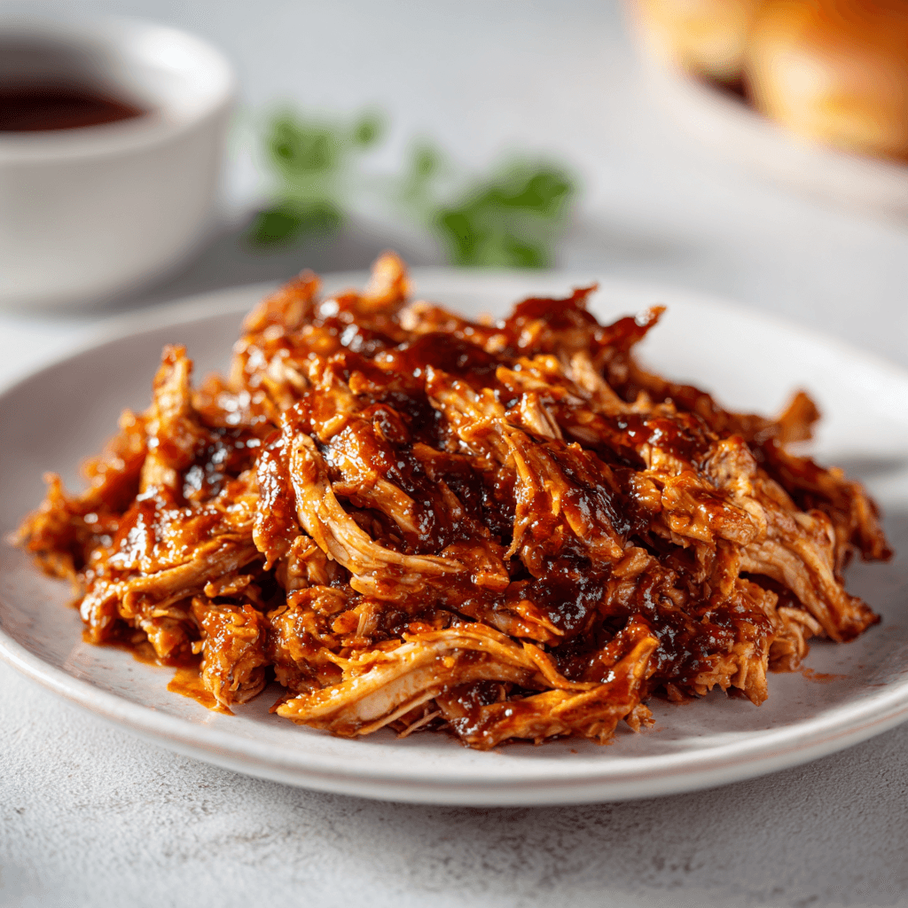 Pulled BBQ chicken coated in smoky barbecue sauce served on a white plate.