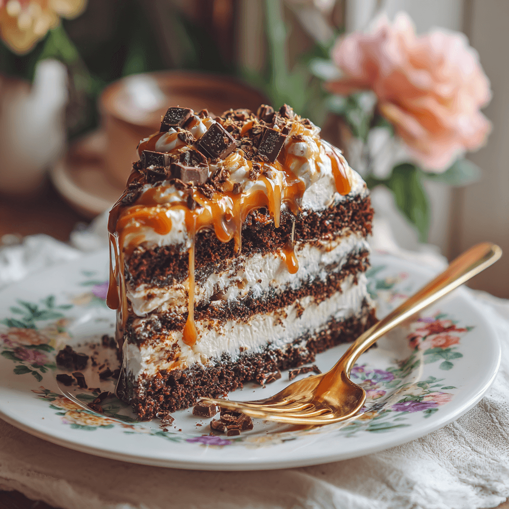 Chocolate dessert cake slice with whipped cream, caramel drizzle, and chopped candy on a floral plate.