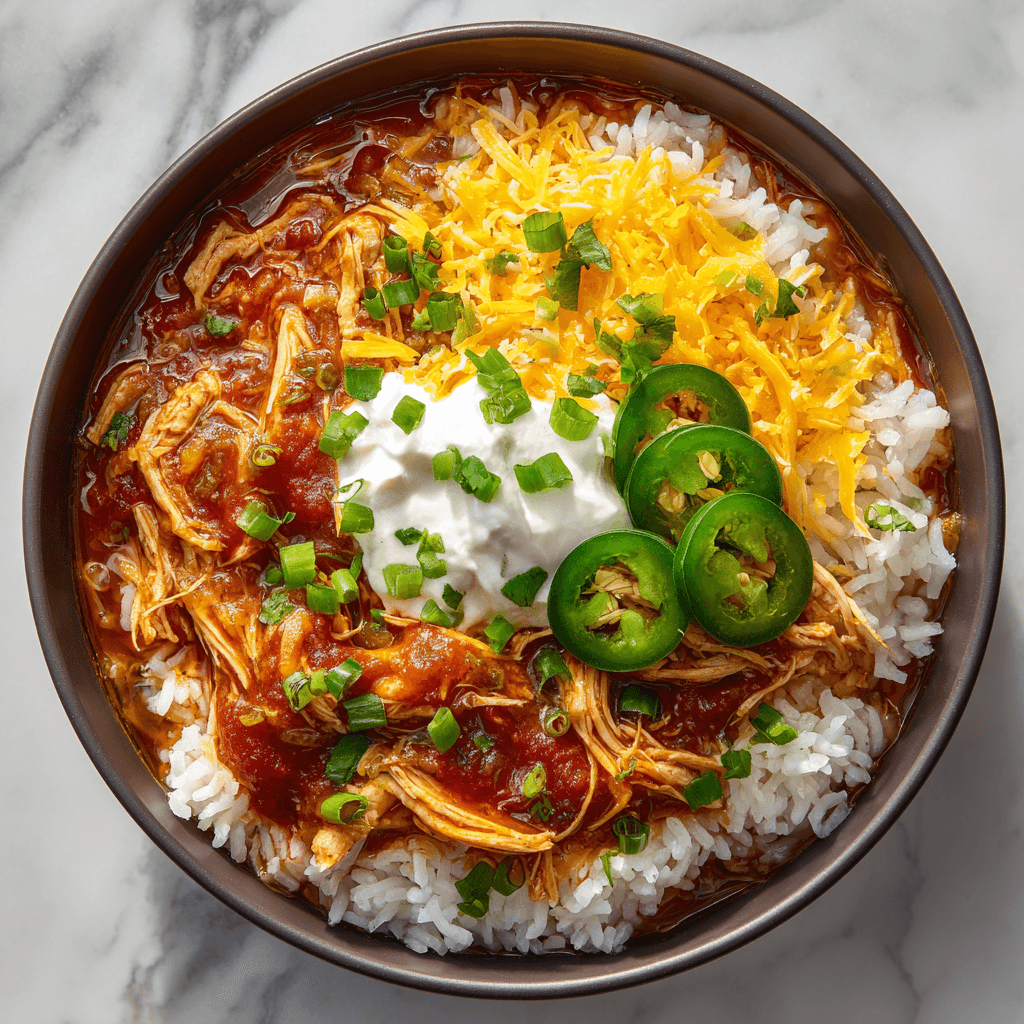 Salsa chicken crockpot bowl with rice, cheese, sour cream, and sliced jalapeños.