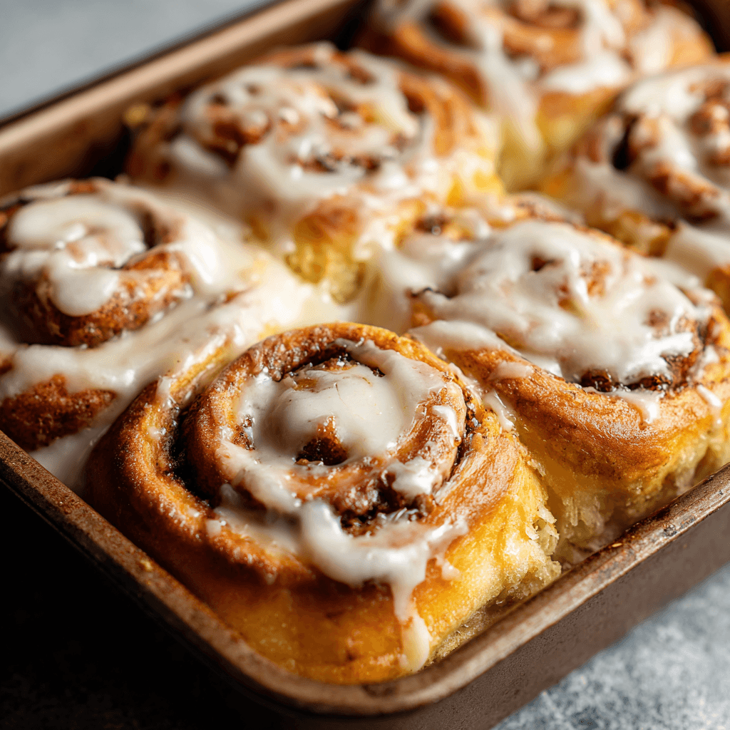 Delicious Banana Bread Cinnamon Rolls Recipe 2 Fresh banana bread cinnamon rolls with creamy vanilla icing and gooey cinnamon filling, golden-brown edges and soft fluffy texture in a baking pan.