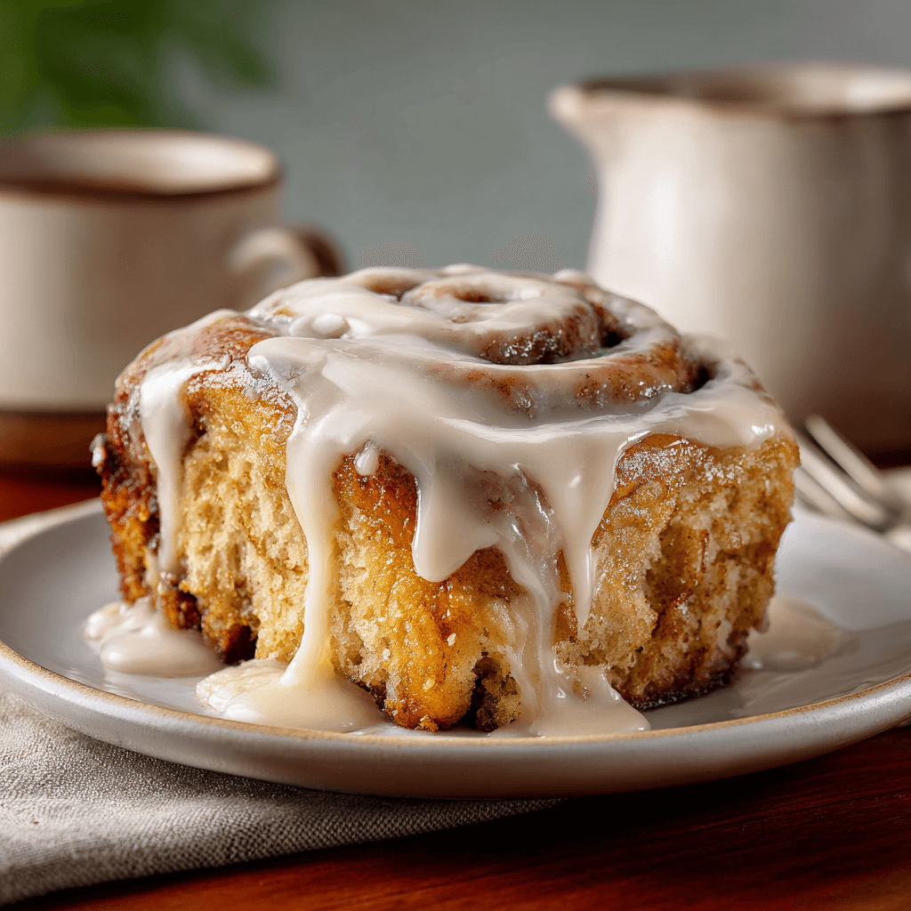 Delicious Banana Bread Cinnamon Rolls Recipe 3 Single banana bread cinnamon roll with icing glaze on a white plate, soft swirl detail and golden crust captured in bright natural lighting.