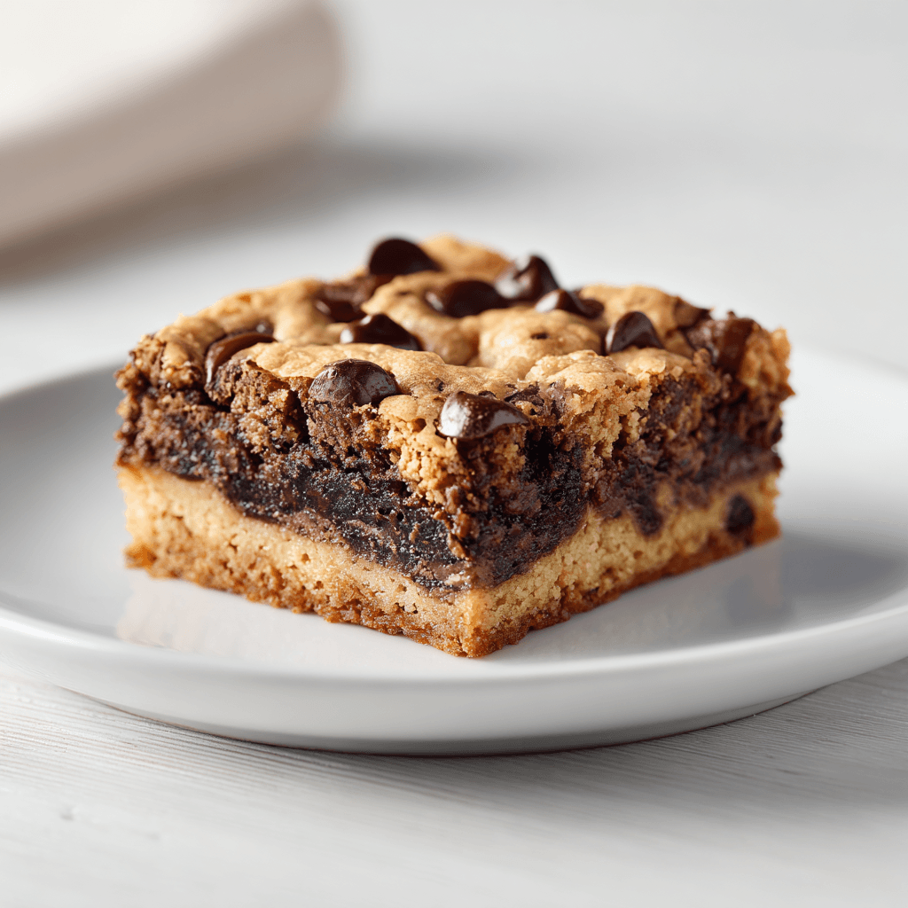 Brookie square on a white plate showing cookie dough and brownie layers with melted chocolate.