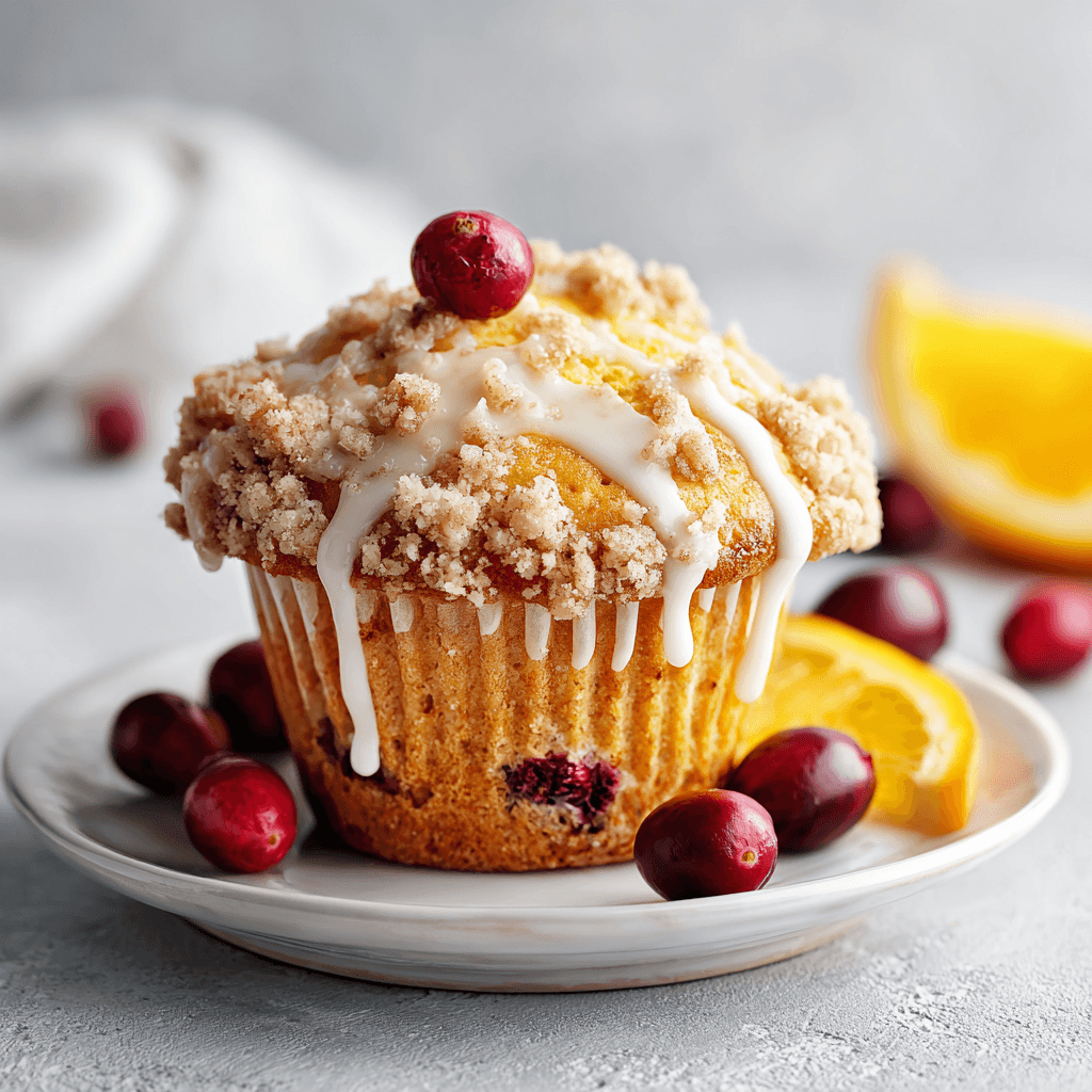 Single cranberry orange muffin on a white porcelain plate, topped with crumb streusel and light drizzle of icing, surrounded by fresh cranberries and an orange slice, bright daylight, clean neutral background