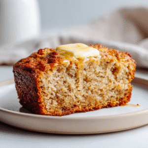 Slice of Bisquick banana bread on white plate with melting butter