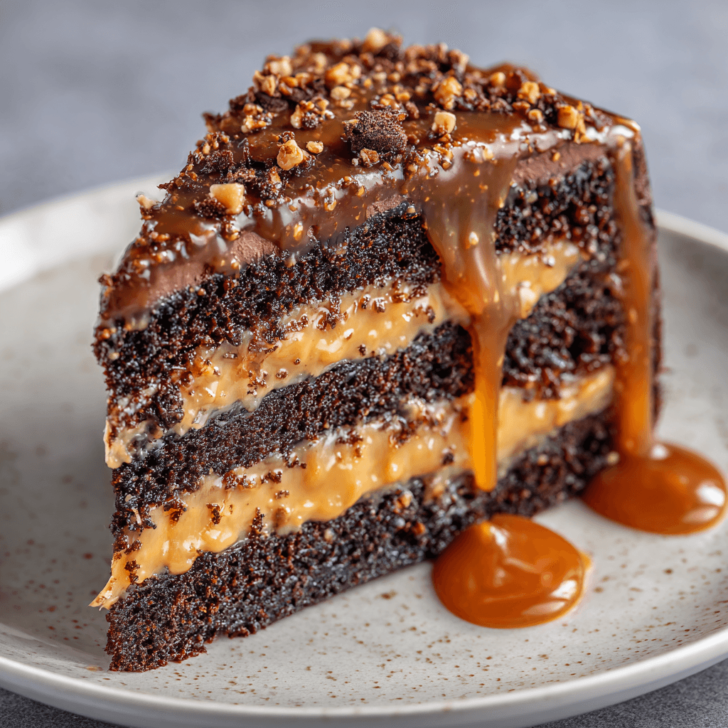 Chocolate Caramel Cake: The Ultimate Decadent Dessert 2 u7568358879 Single slice of chocolate caramel cake on a white 936d700a dc15 447c 9fac 6d7545a126e3 1 - Chocolate Caramel Cake: The Ultimate Decadent Dessert