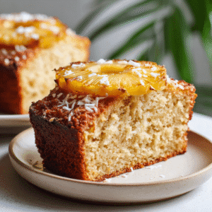Easy & Delicious Hawaiian Banana Bread with Coconut & Pineapple 4 Slice of Hawaiian banana bread with pineapple topping and coconut flakes on a white plate.