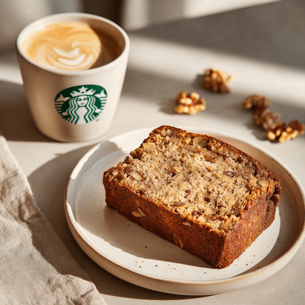 Slices of Starbucks-inspired banana bread with chopped walnuts on white plates beside a coffee cup — warm café lighting and realistic moist texture.