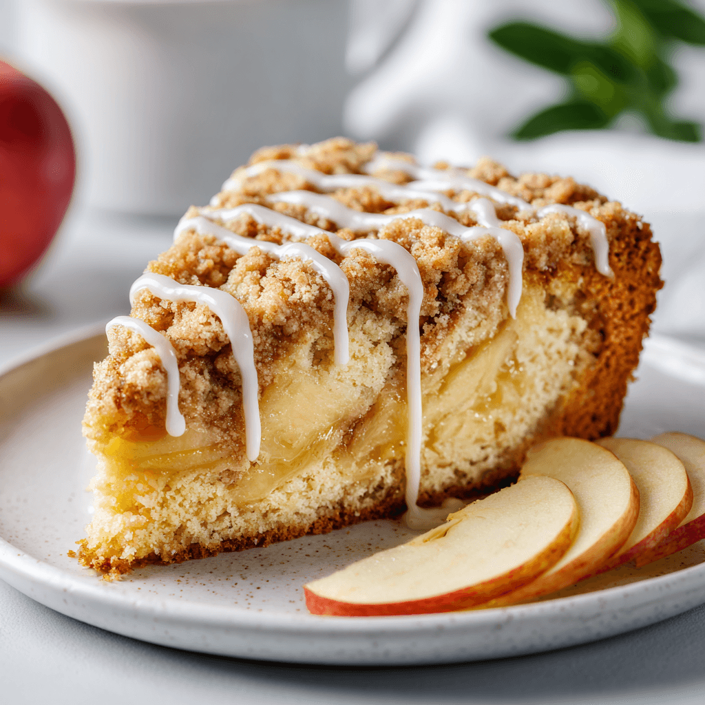 Close-up of stacked apple pie coffee cake bars with crumb streusel and icing drizzle on parchment paper — warm rustic background with apples and cinnamon sticks.