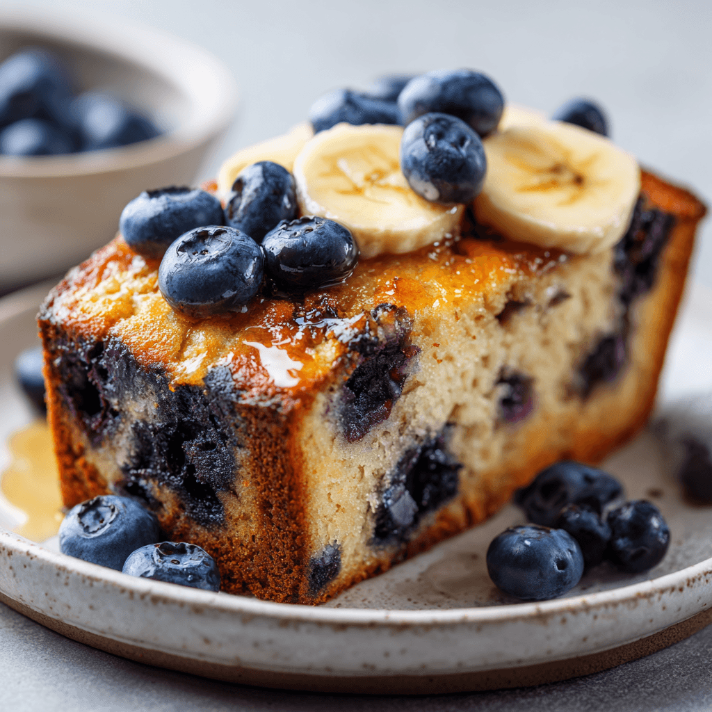 Close-up of blueberry banana bread slice with golden crust and baked blueberries, served on a white plate with fresh fruit garnish — bright, clean breakfast food photo.
