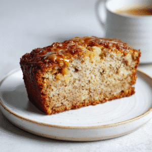 Delicious Cottage Cheese Banana Bread 4 Moist slice of cottage cheese banana bread with melting butter on a white plate, surrounded by banana slices — bright natural light and clean breakfast presentation.
