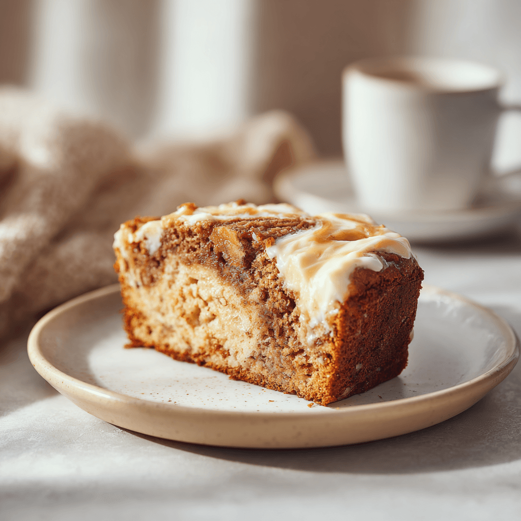 Slice of cream cheese banana bread with creamy swirl and golden crust on a white plate — bright, clean food photography with realistic moist texture.