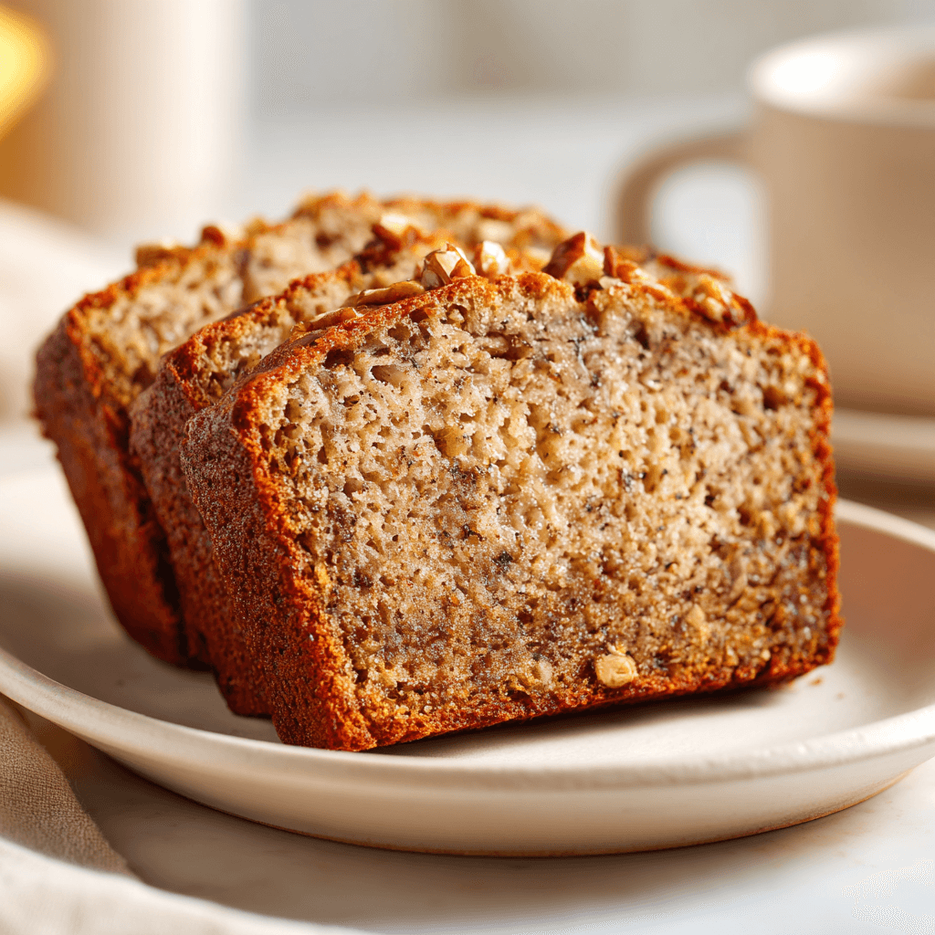 Slice of classic banana bread with walnuts on a white plate.